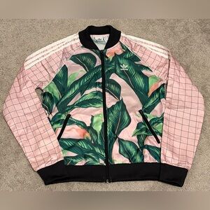 Adidas Track Jacket Womens S Small Farm Rio SST Tropical Palm Leaf Pink Full Zip